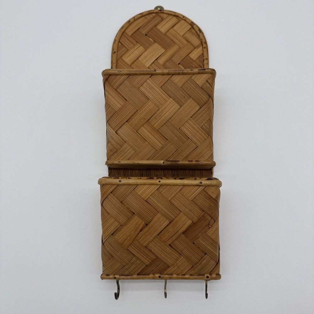 Vintage Bamboo Woven Letter Holder Wall Storage Herringbone Hong Kong